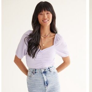 Short-Balloon-Sleeve Shirred Top with Sweetheart Neckline New with tag